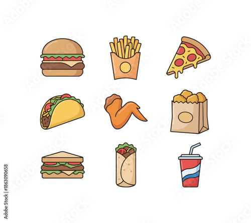 Assortment of food icons burger fries pizza taco wing sandwich burrito drink