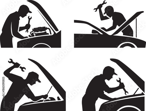 Auto mechanic working on car engine vector illustration on transparent background