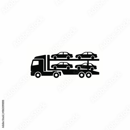 A black silhouette icon of a car carrier truck transporting four passenger cars on its double-deck trailer.