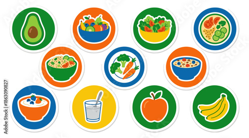 Healthy food illustrations fruits vegetables and balanced meal icons