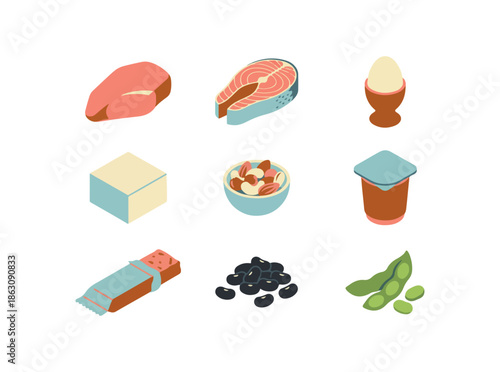 Isometric food collection meat fish eggs tofu yogurt nuts beans and edamame