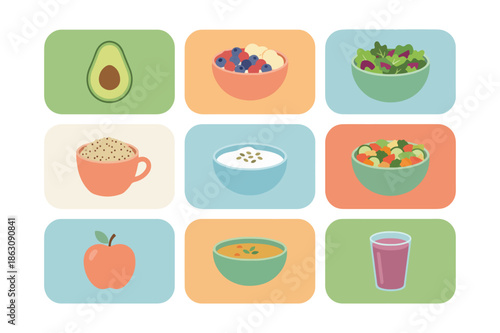 Healthy food variety illustration with colorful bowls and fresh ingredients