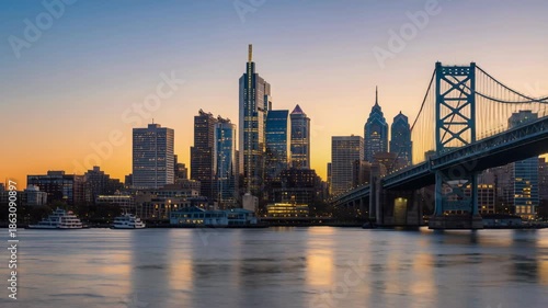 Panoramic View of the Philadelphia Skyline and Benjamin Franklin Bridge at Dusk with Calm Water Reflections and Clear Sky