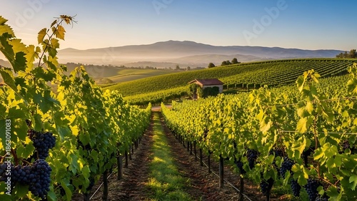 Vineyard Landscape with Rolling Hills and Mountains.