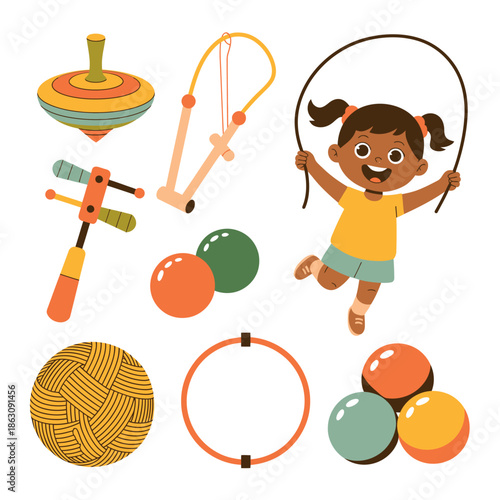 Happy child playing with toys and jump rope