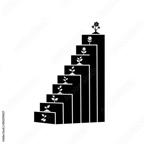 A stylized black and white illustration of a bar graph with growing plants on a plain white background