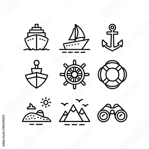 Collection of simple black line icons for maritime and travel