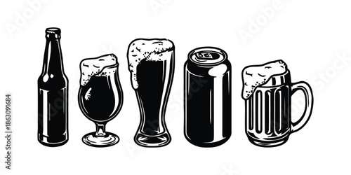 Beer Bottle and Glass Illustration Set. Beer Drink Collection Bottle, Glass, Can and Mug