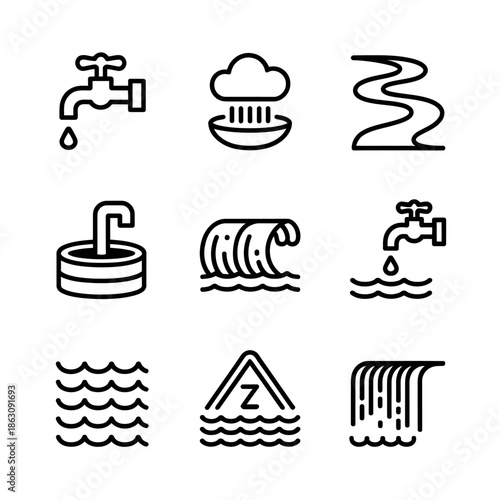 Collection of water icons representing various forms and sources