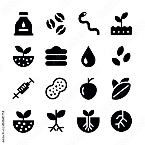 Collection of simple black icons representing various stages of plant growth and agriculture
