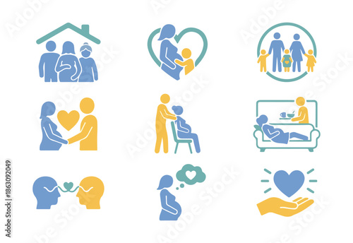 Family and relationships icon set on black background