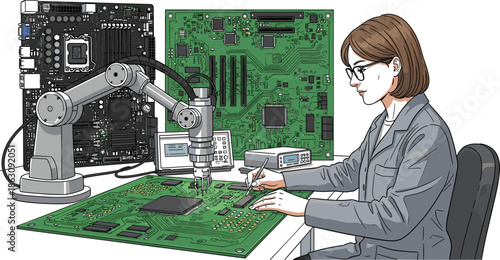 Electronics lab illustration, PCB testing scene, robotic arm automation, hardware engineering workspace, black and white vector, circuit board repair, tech development concept
