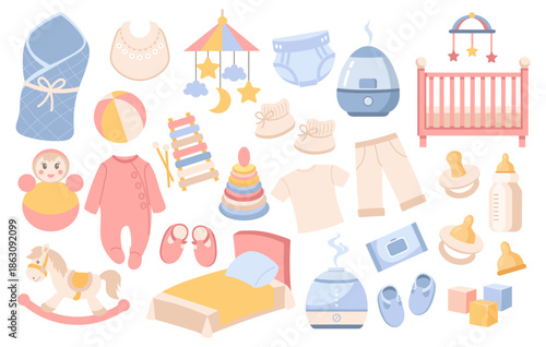 Newborn accessories set. Baby care items. Supplies for feeding and caring for newborns and infants. Flat illustration.