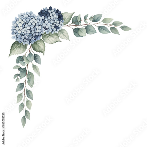 Hand painted elegant floral corner border featuring hydrangeas and eucalyptus in sage and navy isolated on white background.png