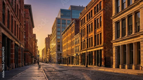 Urban street scene with historic brick buildings and cobblestone road bathed in golden hour sunlight with clear sky