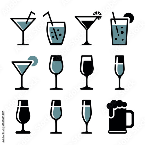 Collection of different types of cocktail and wine glasses