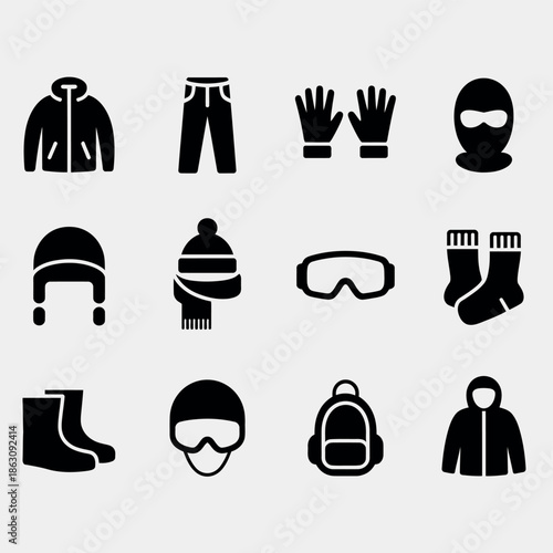 Collection of winter clothing and accessories icons