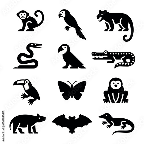Collection of various tropical animals and insects silhouettes