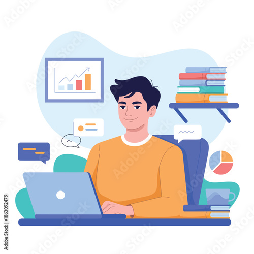 Man working on laptop with graphs and books around