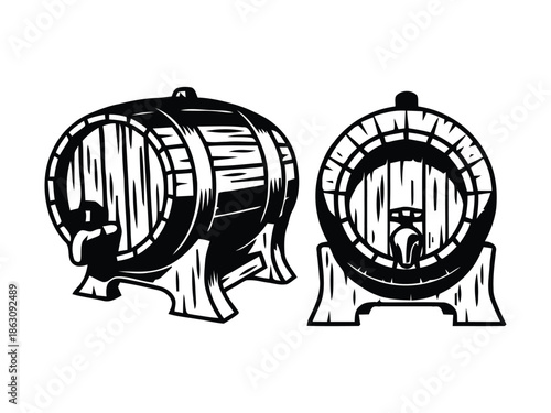 Wooden Barrel Illustration in Vintage Engraving Style