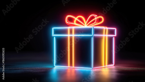 Dark background with neon glowing gift box highlighting online shopping sales for holiday season