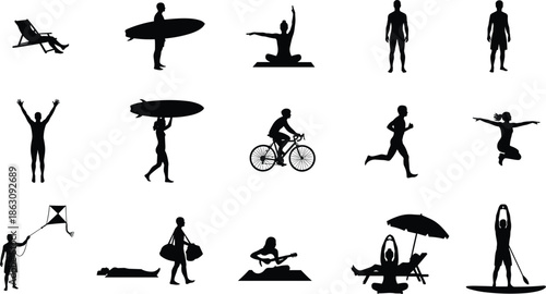 Active people silhouettes set, outdoor lifestyle icons, surfing yoga cycling running beach leisure activities, black human figures, fitness recreation concept, isolated on white background