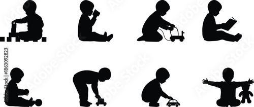 Baby, child, silhouettes, playing, toys, reading, book, crawling, sitting, learning, activity, set, isolated, white, background, childhood, development, growth, education, parenting,
