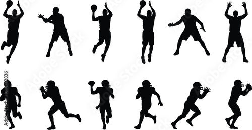 American football player silhouettes set, athlete action poses, rugby sport movements, isolated black figures, running jumping catching throwing defensive offensive teamwork energy motion