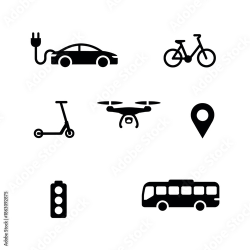 Various transportation icons including electric car and bus