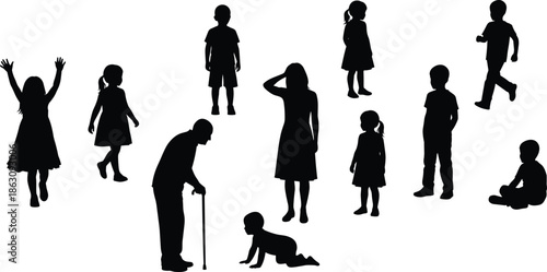 Black human silhouettes showing people of different ages, baby child adult senior walking standing sitting poses, family life cycle concept isolated on white background