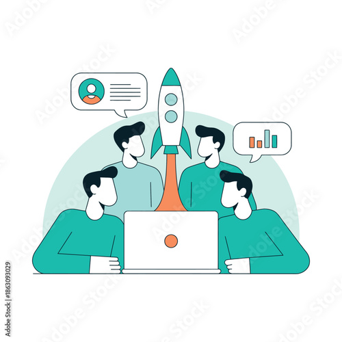 Team working together on project with laptop and rocket