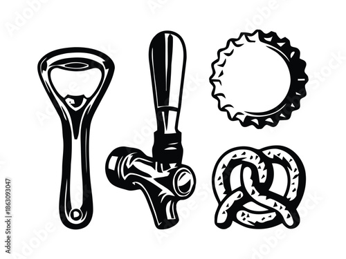 Vintage Beer Tools Illustration Set. Brewery and Bar Equipment Vintage Illustration