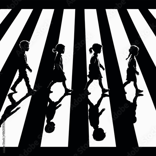 Children crossing street silhouette