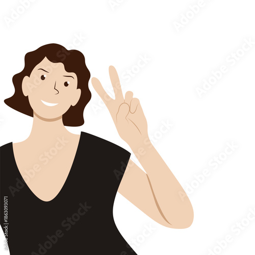Portrait of happy joyful girl, gesture two fingers symbolize peace, flat vector illustration isolated on white background, victory