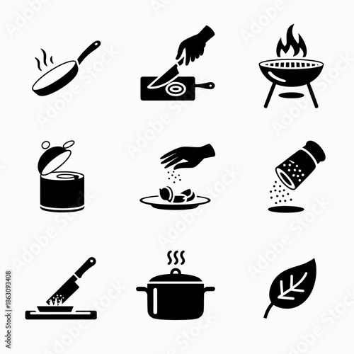 Cooking icons set for food preparation and seasoning