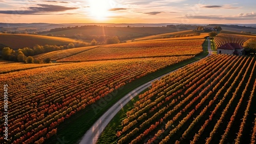 Vineyard Landscape at Sunset with Road.