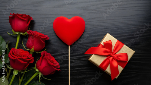 Luxurious Valentine's Day Flat Lay With Red Roses, A Velvet Heart On A Stick, And A Golden Gift Box On Black Wood.