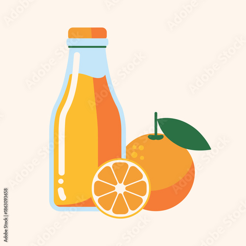 Fresh orange juice bottle with orange fruit