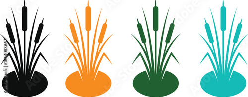 Colorful cattail plant silhouettes, reed marsh grass vector illustration, minimalist nature icon set, wetland botanical design, flat style, isolated on white background