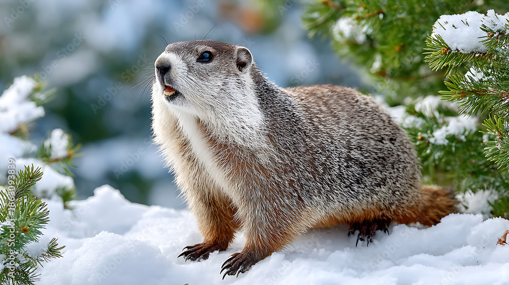 Obraz premium Marmot emerging from hibernation, standing alert in fresh winter snow, observing its surroundings near a frosted pine tree on a cold day