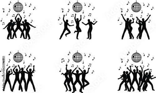 Dancing people silhouettes, disco party celebration, nightlife music event, joyful crowd dancing, disco ball lights, party energy, entertainment concept, fun celebration illustration