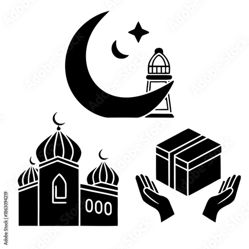 Islamic icon set for Ramadan and Eid celebration featuring a mosque, crescent moon with lantern, and hands holding a gift box.