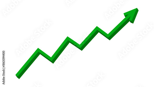 Green 3D upward zigzag line arrow graph moving up concept of stock market business growth, financial profit, business trend, company growth. Business grow up sign. Vector illustration.