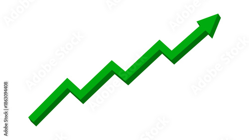 Green 3D upward zigzag line arrow graph moving up concept of stock market business growth, financial profit, business trend, company growth. Business grow up sign. Vector illustration.
