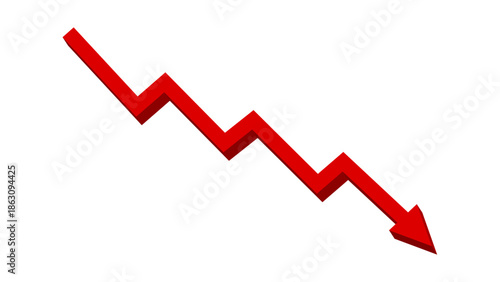 Red 3D falling down zigzag line arrow graph indicates financial loss concept, stock market fall, business loss, market crash, economic loss. Red graph arrow downward direction. Vector illustration.