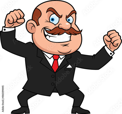 Aggressive cartoon businessman mascot wearing black suit and red tie, standing in powerful pose with clenched fists and angry expression