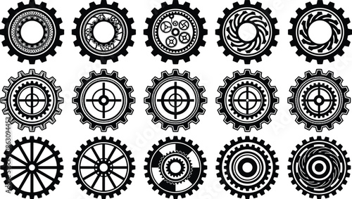 Mechanical, gear, cogwheel, icon, set, industrial, engineering, technology, machinery, vector, collection, circular, metal, design, symbol, automation, manufacturing, mechanical, parts, industry,