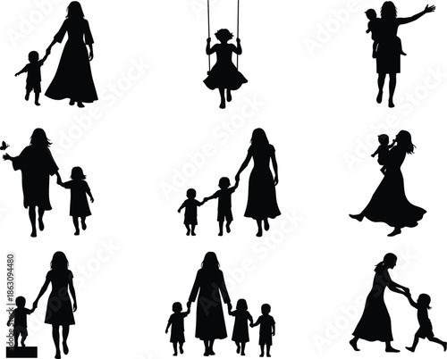 Mother and children silhouette set, family bonding moments, motherhood concept, parent child relationship, love care protection, isolated black figures, happy parenting illustration