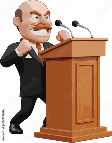 Angry politician giving speech at podium, public speaking concept, political debate illustration, leadership expression, cartoon character, election campaign