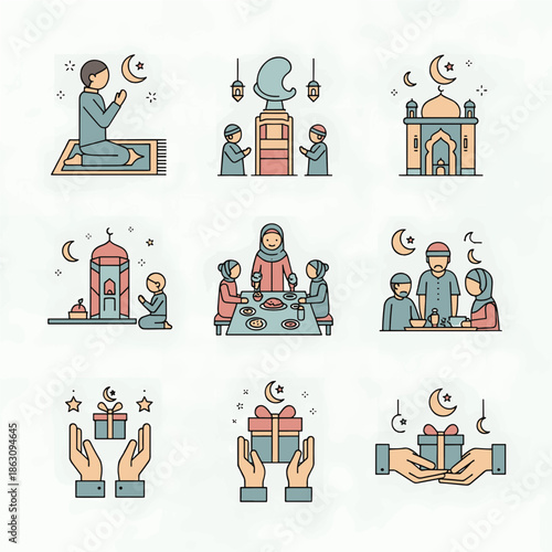 Set of business people icons vector illustration Reciting the Qur’an, Fasting , Sahoor (Pre-dawn meal), Iftar (Breaking the fast)